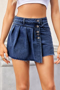 BELLA Raw Hem Denim Skort from Trendsi, featuring distressed denim with a casual, trendy raw hem design and classic five-pocket style.