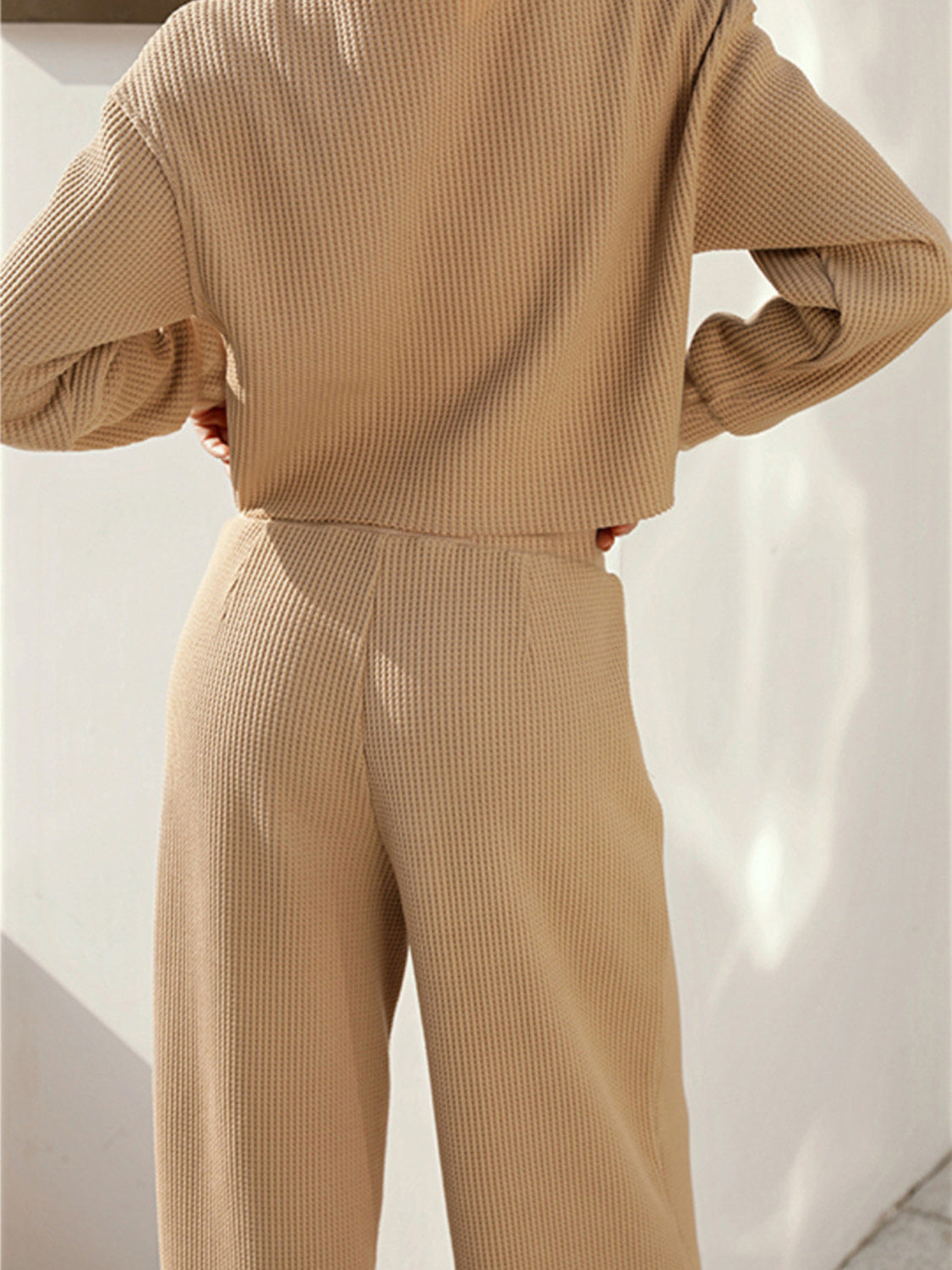 BELLA Waffle-Knit Round Neck Top and Pants Set in a cozy, textured fabric, perfect for casual wear.