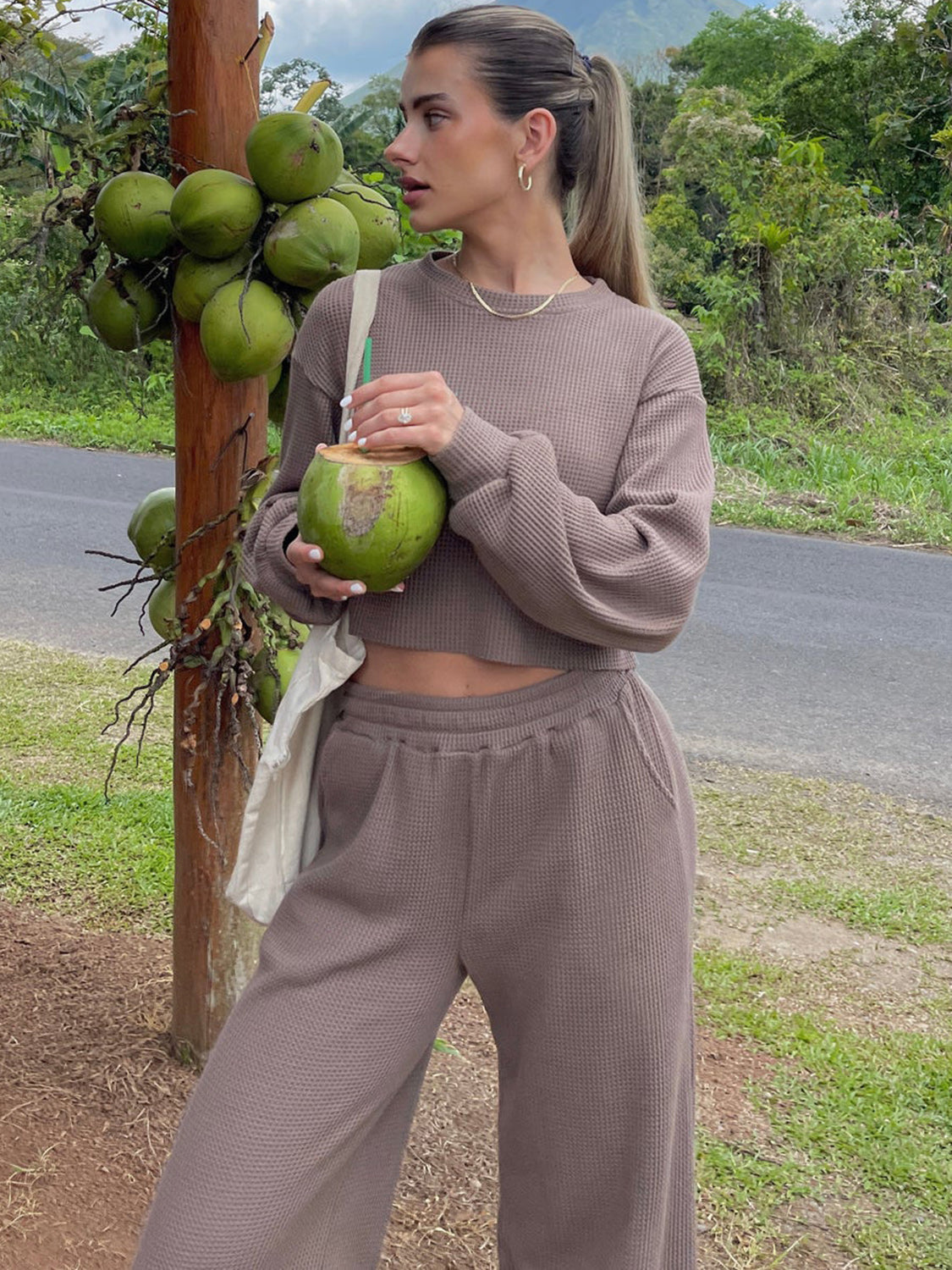 BELLA Waffle-Knit Round Neck Top and Pants Set in soft fabric, featuring a cozy, casual style with a relaxed fit.