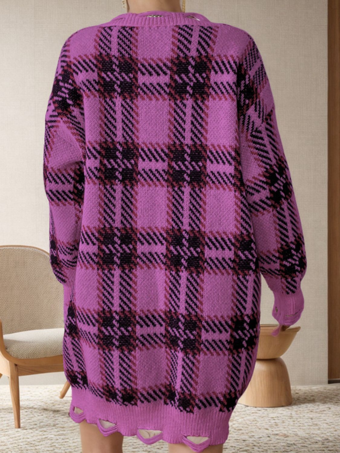 BELLA BLA distressed plaid v-neck long sleeve sweater dress with a trendy, casual look and cozy fit.