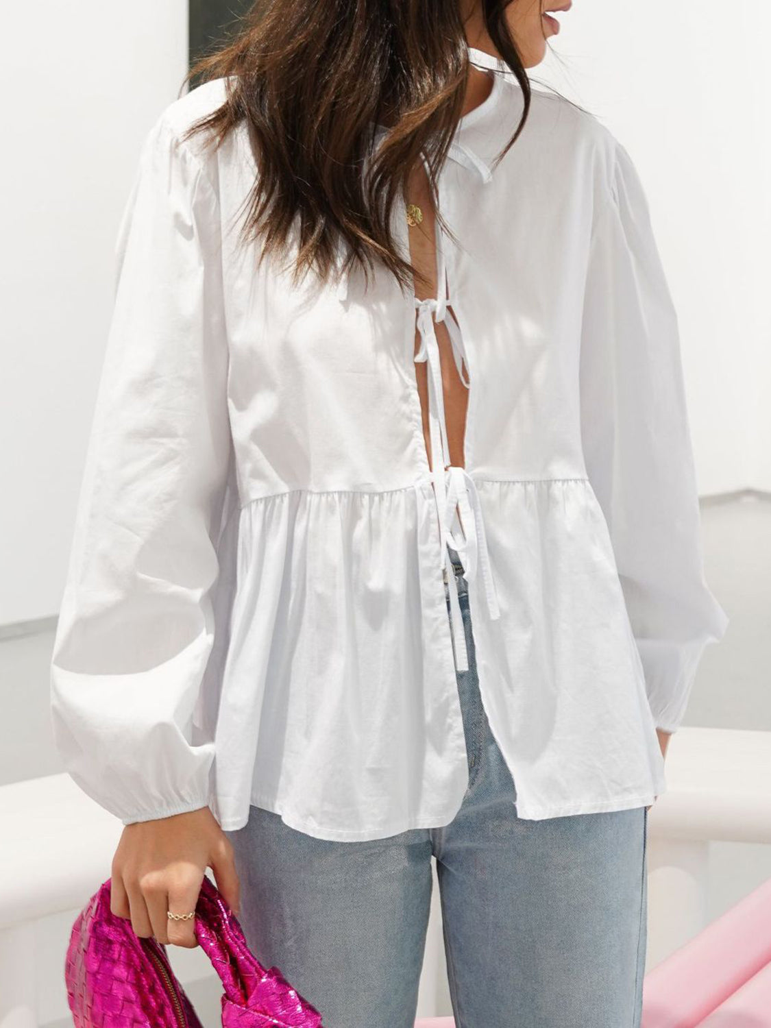 BELLA BLA tied round neck long sleeve blouse with a relaxed fit, featuring a stylish tie detail at the neckline and long sleeves.