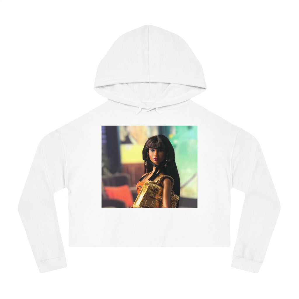 BELLA Pretty Doll World cropped hooded sweatshirt with colorful print, casual fit, and hood, ideal for cozy streetwear style.