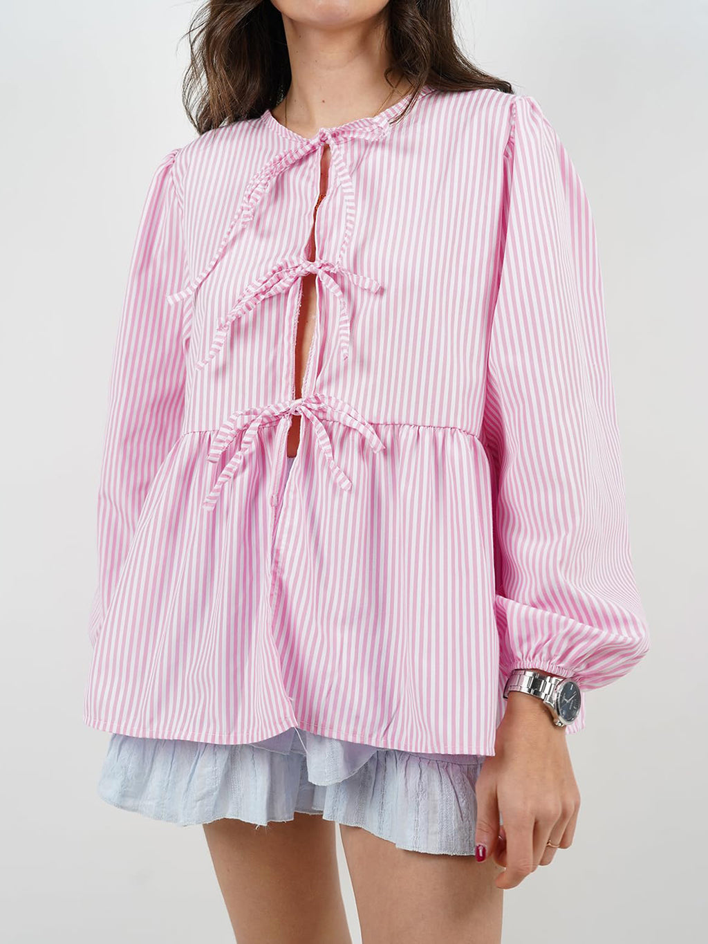 BELLA BLA tied round neck long sleeve blouse with relaxed fit, featuring a stylish tie detail at the neckline and long sleeves.