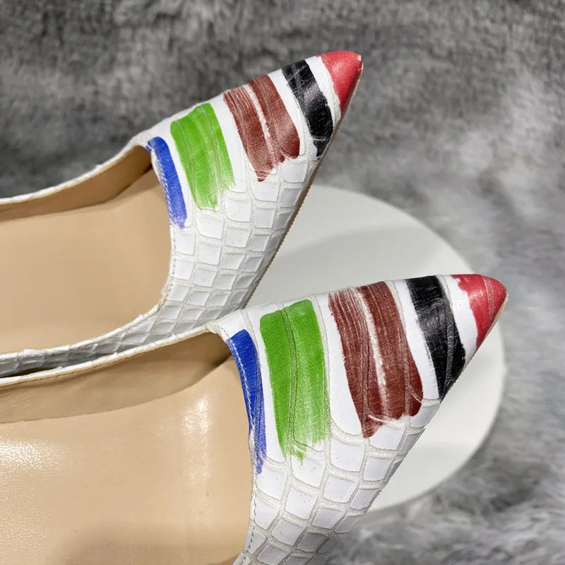 White Crocodile Effect Pointy Toe Heels