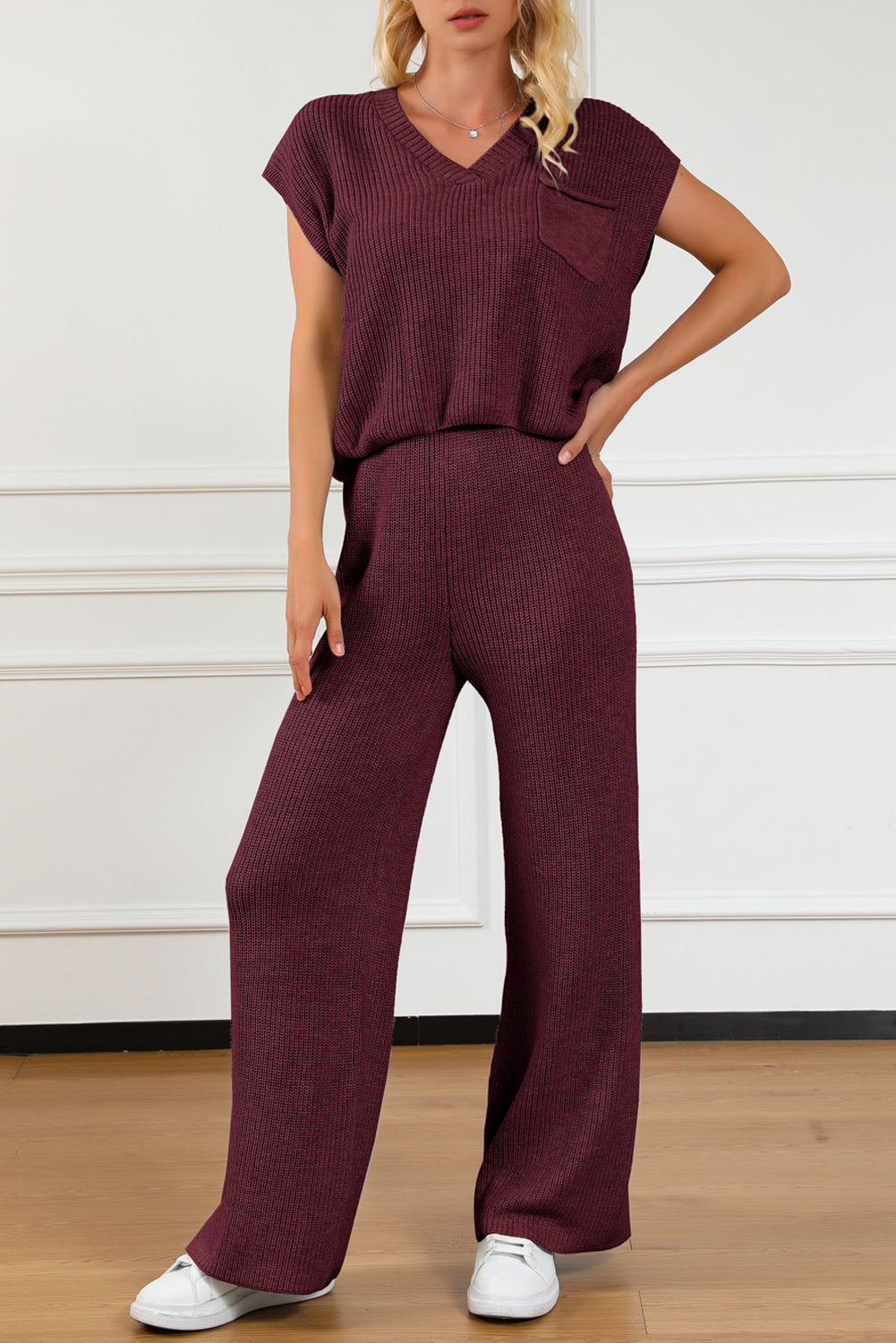 BELLA Trendsi pocketed V-neck top and wide-leg sweater set, featuring a cozy knit texture and casual style.
