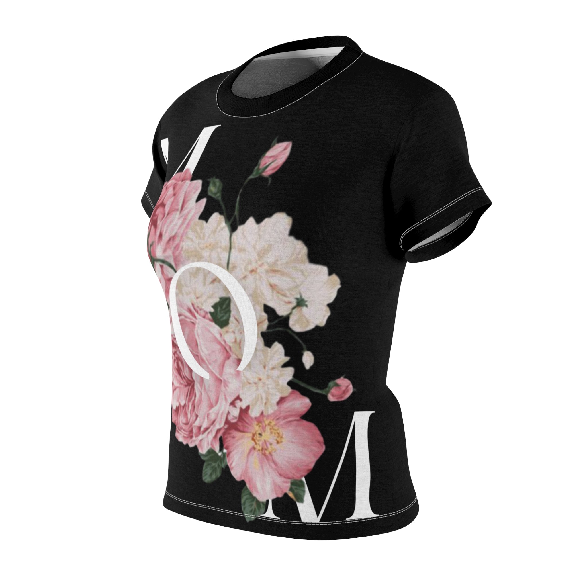 BELLA MOM flowers print T-shirt featuring colorful floral design on a white fabric, casual and comfortable for everyday wear.