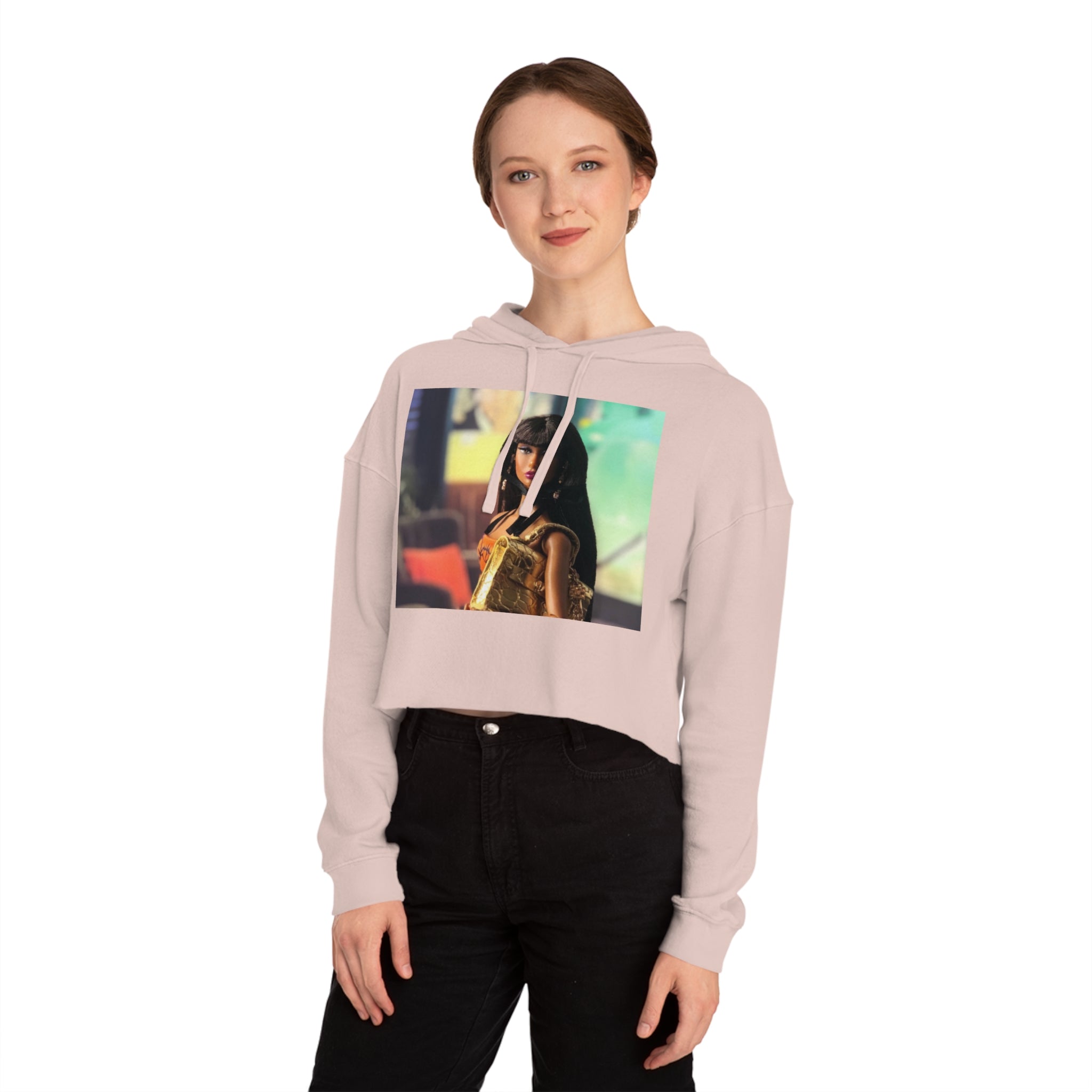 BELLA Pretty Doll World cropped hooded sweatshirt with colorful print, casual fit, and hood, designed by Printify.