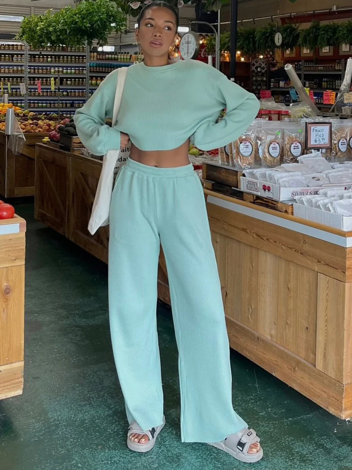 BELLA Waffle-Knit Round Neck Top and Pants Set in cozy textured fabric, stylish loungewear for casual wear.