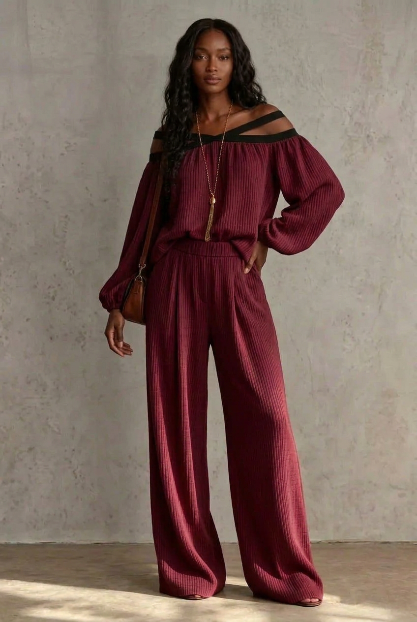 Off-Shoulder Crisscross Cutout Ribbed Knit Top and Wide-Leg Pants Set