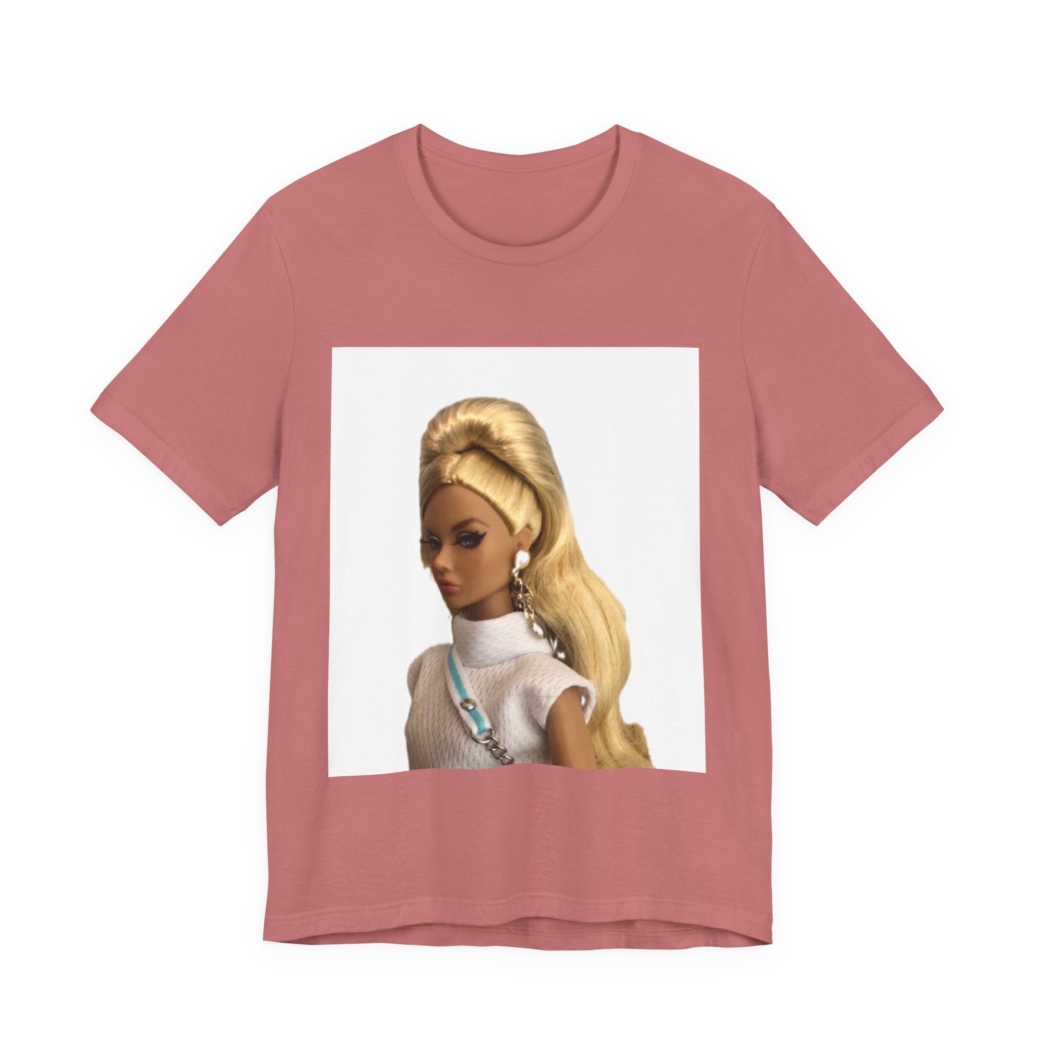 BELLA Pretty Doll World short sleeve printify T-shirt with colorful doll print on a white background