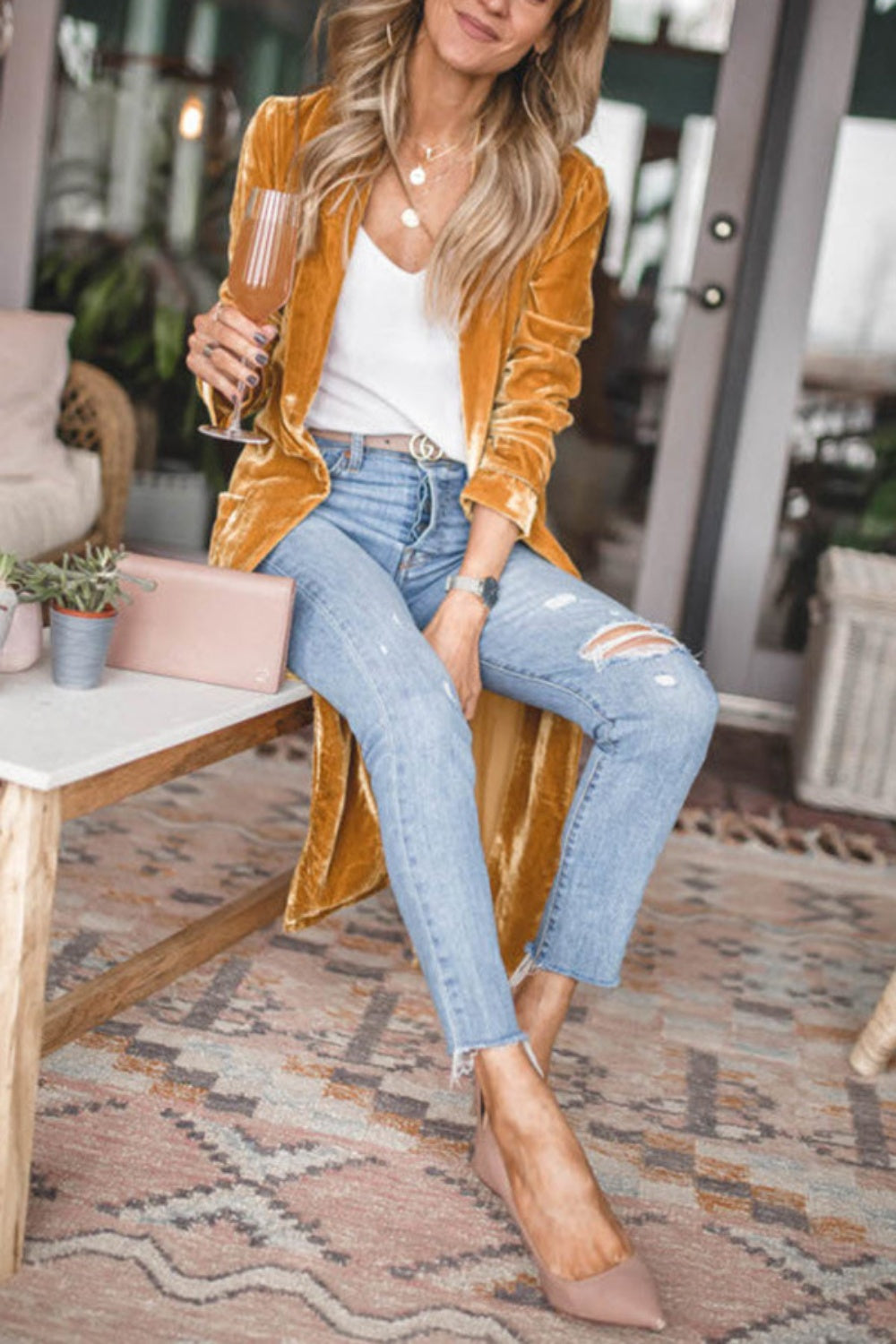 Long open front long sleeve coat from BELLA BLA by trendsi, featuring a stylish, relaxed fit with a neutral color.