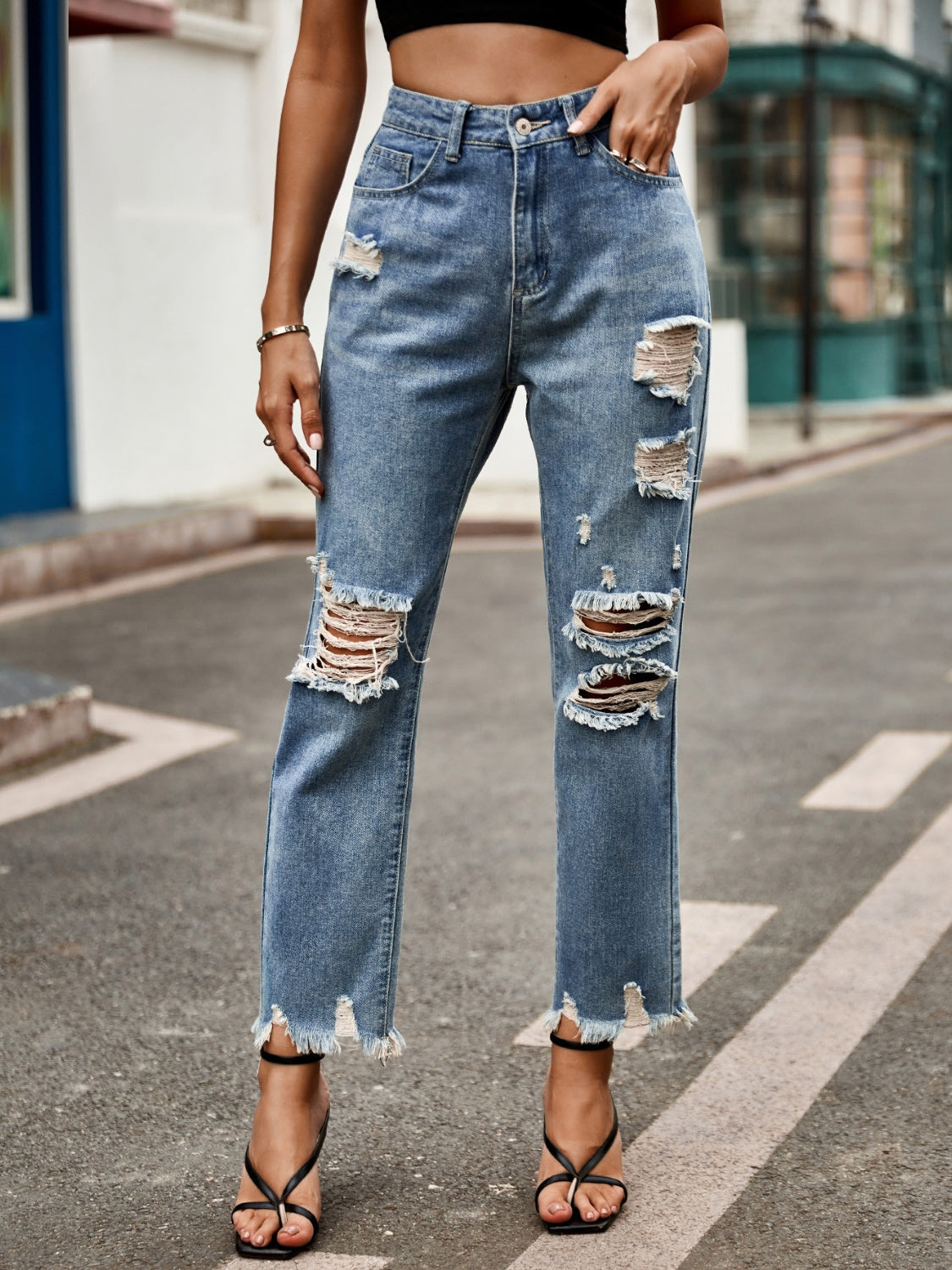 BELLA BLA distressed raw hem jeans from Trendsi, featuring a faded denim look with frayed, raw hem details and classic fit.