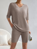 BELLA Ribbed V-Neck Top and Shorts set in matching fabric, featuring a stylish V-neck and comfortable fit for casual wear.