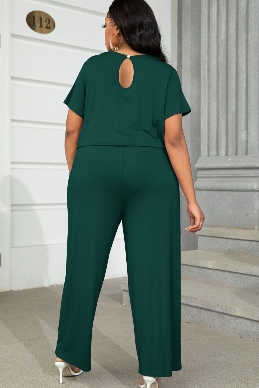 Plus size BELLA drawstring waist short sleeve jumpsuit, casual fashion outfit with comfortable fit and relaxed style.