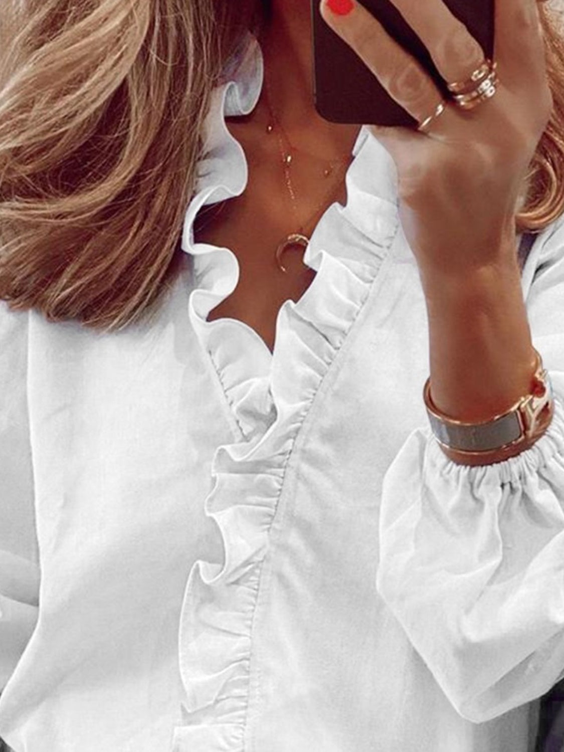 Full size BELLA BLA ruffled V-neck long sleeve blouse with a flowy fit and feminine ruffle details.