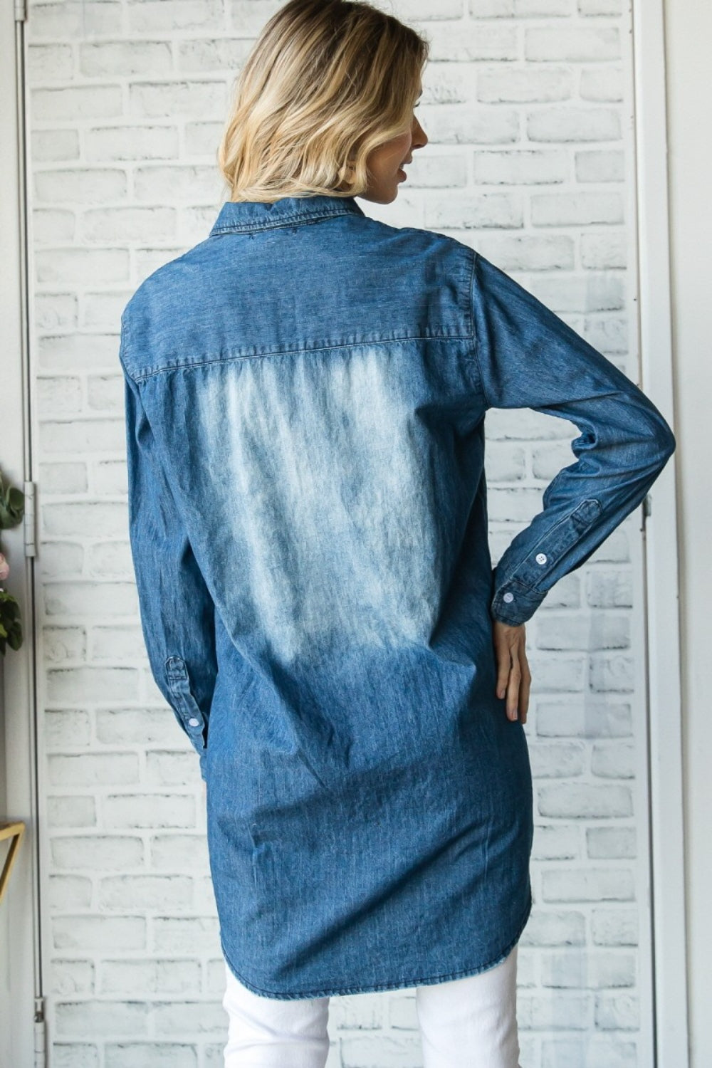 BELLA Veveret Pocketed Button-Up Washed Denim Shirt featuring chest pockets and a casual, faded denim finish.