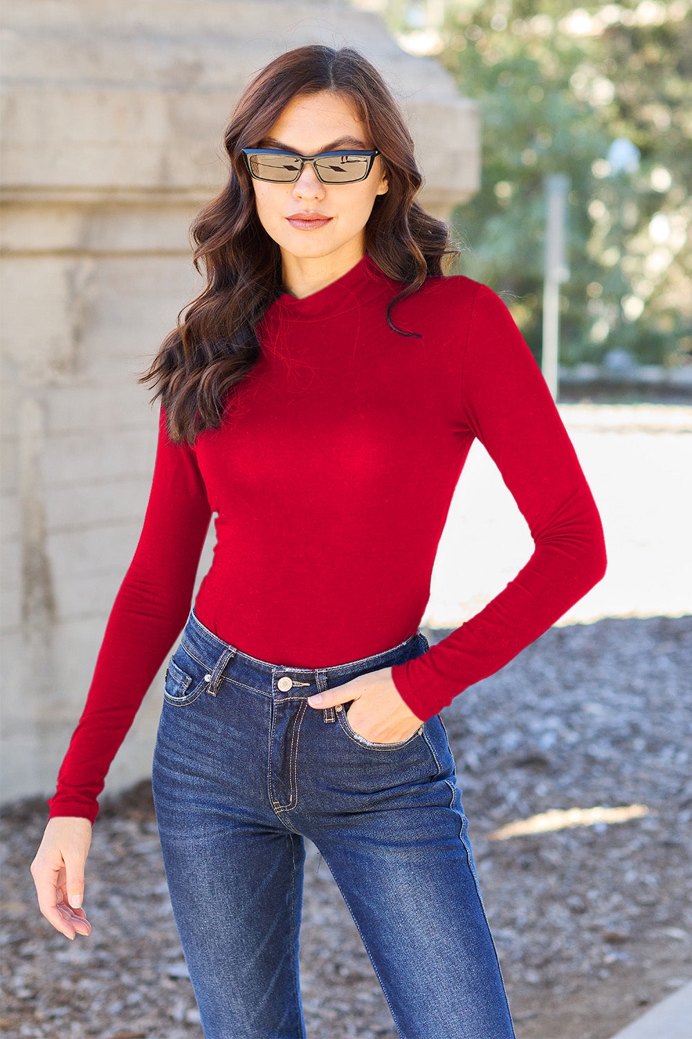 BELLA Trendsi full size black mock neck long sleeve bodysuit, fitted with seamless stitching and high neckline.