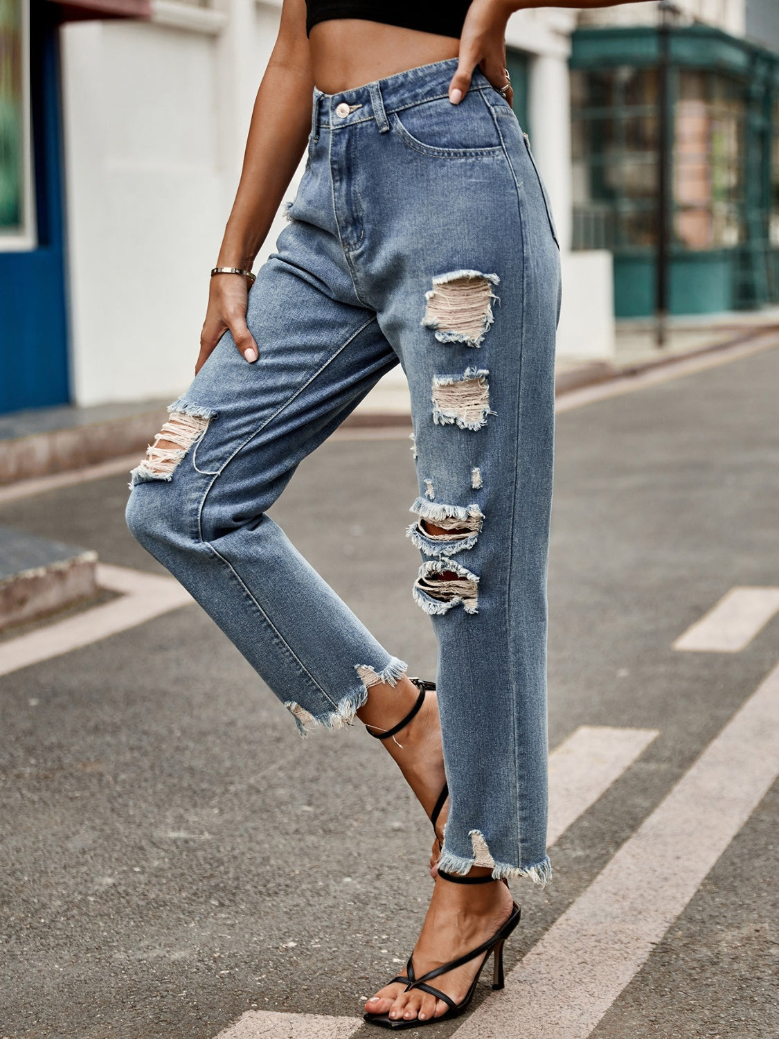 Distressed raw hem jeans by BELLA BLA featuring a trendy fit, ripped details, and raw frayed hems for a casual, edgy look.