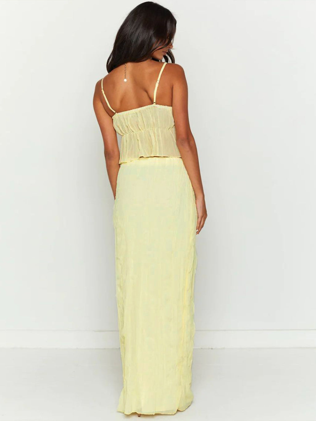 BELLA trendsi square neck sleeveless top and ruched skirt set, stylish matching outfit with fitted design and trendy details.