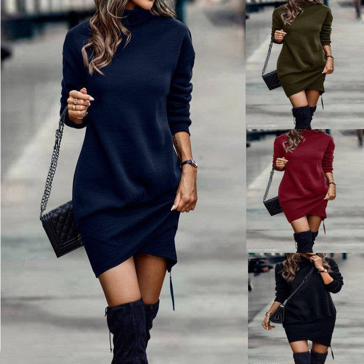 Long Sleeve Solid Color High Neck Cross Short Dress