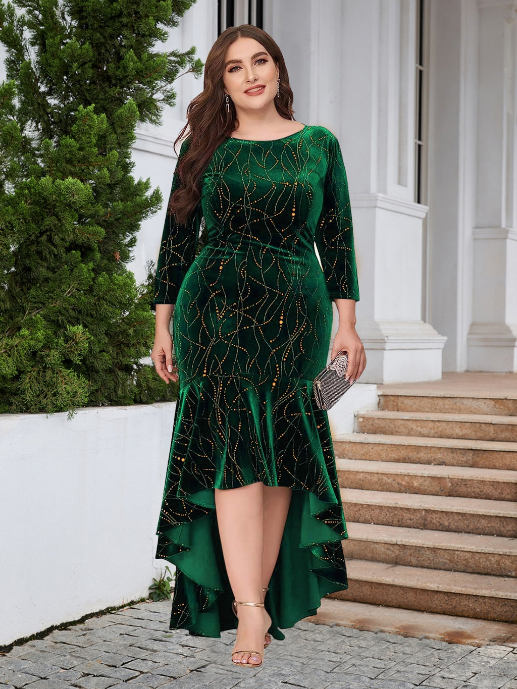 Plus size ruffle hem high-low dress by BELLA, featuring a flowy design with ruffled details and a stylish high-low hem.
