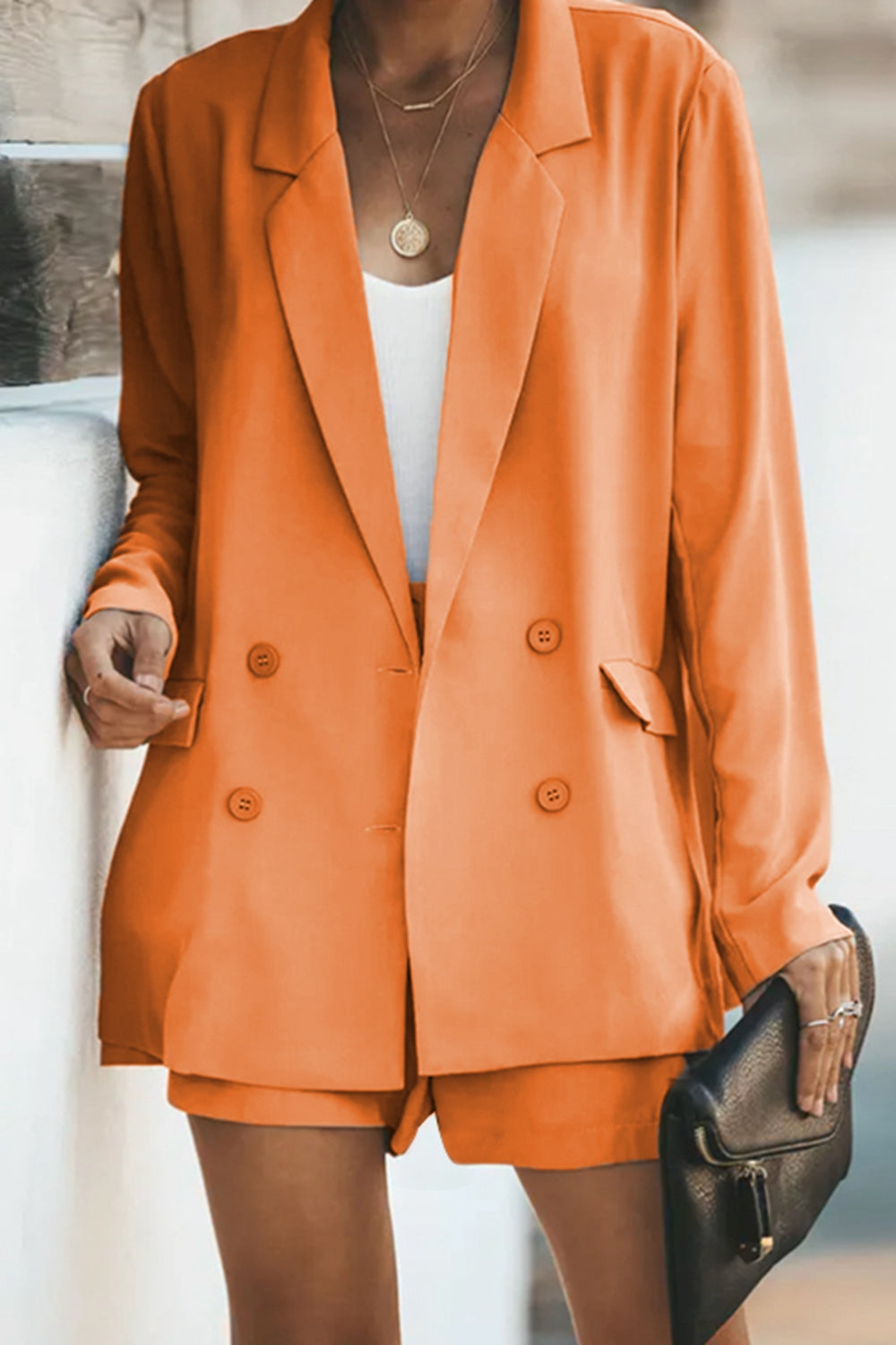 BELLA trendsi longline blazer and shorts set with pockets, stylish matching blazer and shorts for a modern, chic look