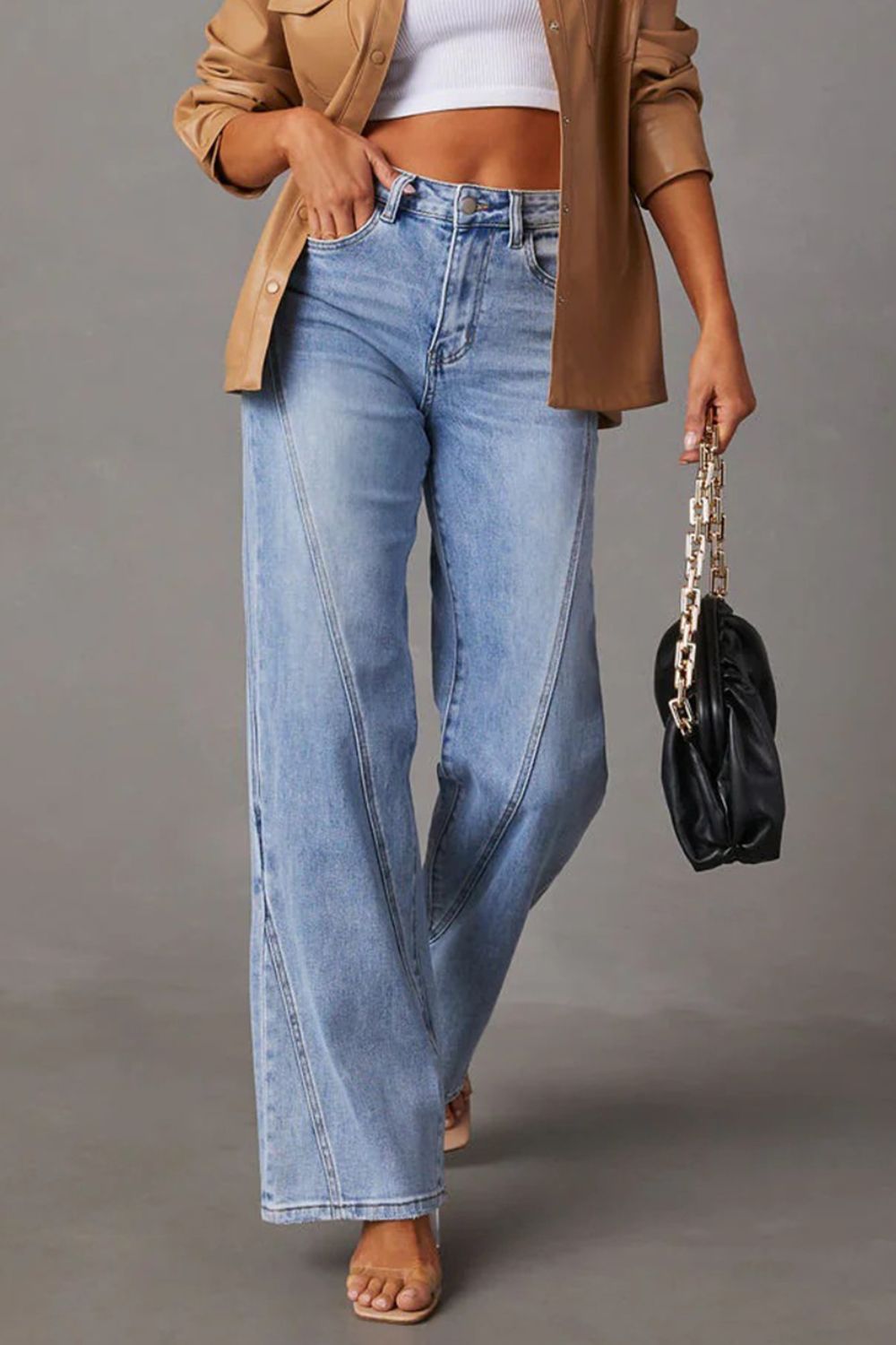 BELLA high waist straight jeans with front and back pockets, stylish denim pants from trendsi showcased on a model.