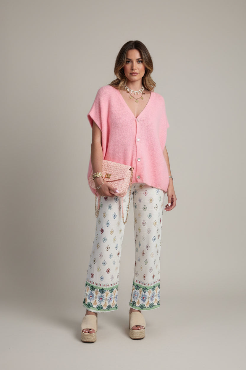 BELLA V-neck button-up short sleeve cardigan from Trendsi, featuring a stylish knit design and classic button closure.
