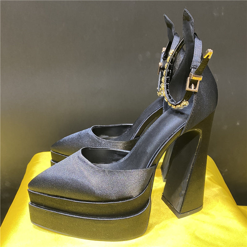 Silk Platform Rhinestone Chunky Heel