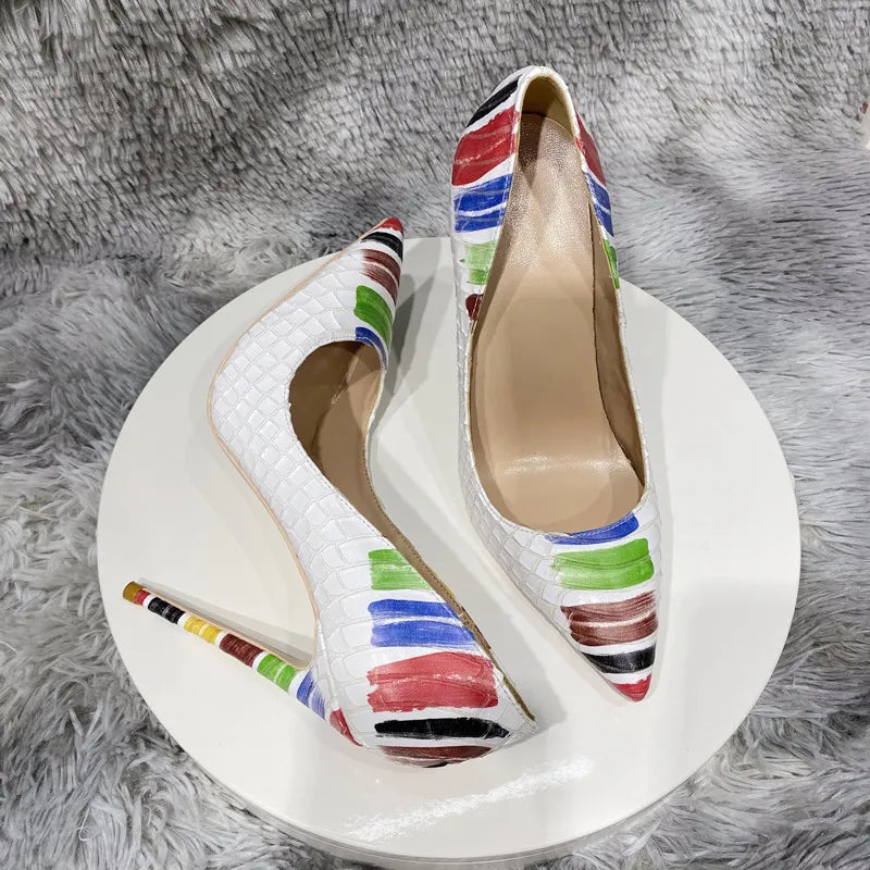 White Crocodile Effect Pointy Toe Heels