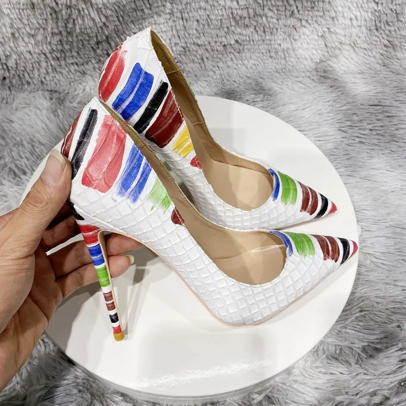 White Crocodile Effect Pointy Toe Heels