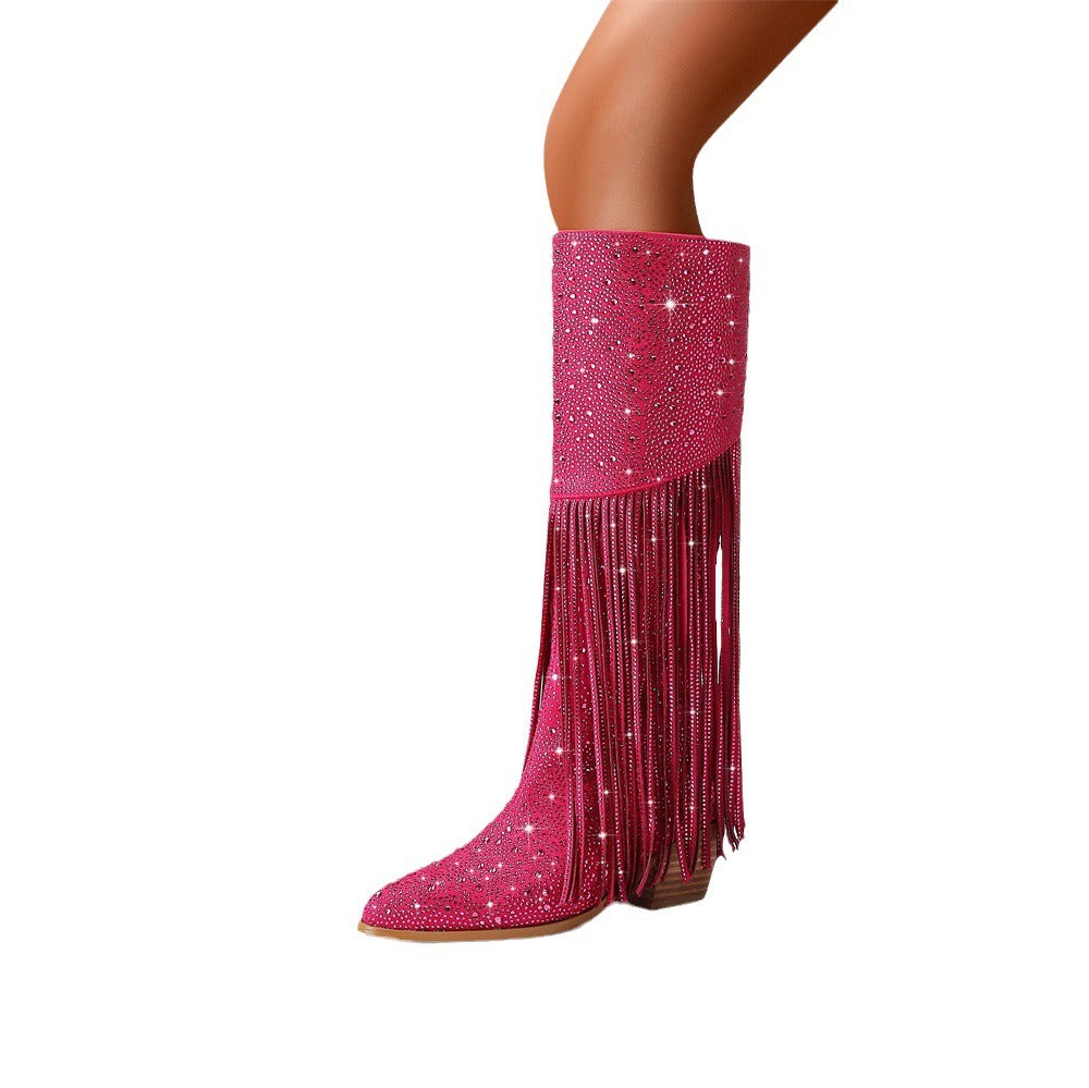 Rhinestone Long Fringe Boots