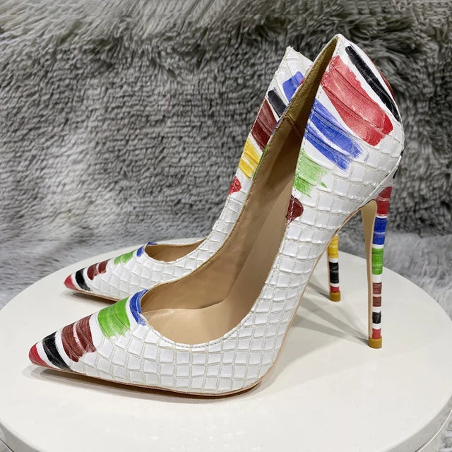 White Crocodile Effect Pointy Toe Heels