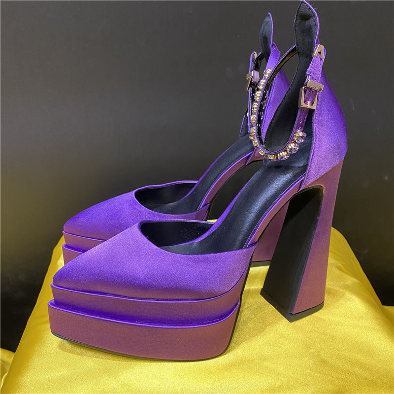 Silk Platform Rhinestone Chunky Heel