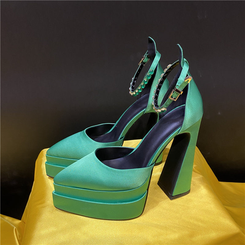 Silk Platform Rhinestone Chunky Heel