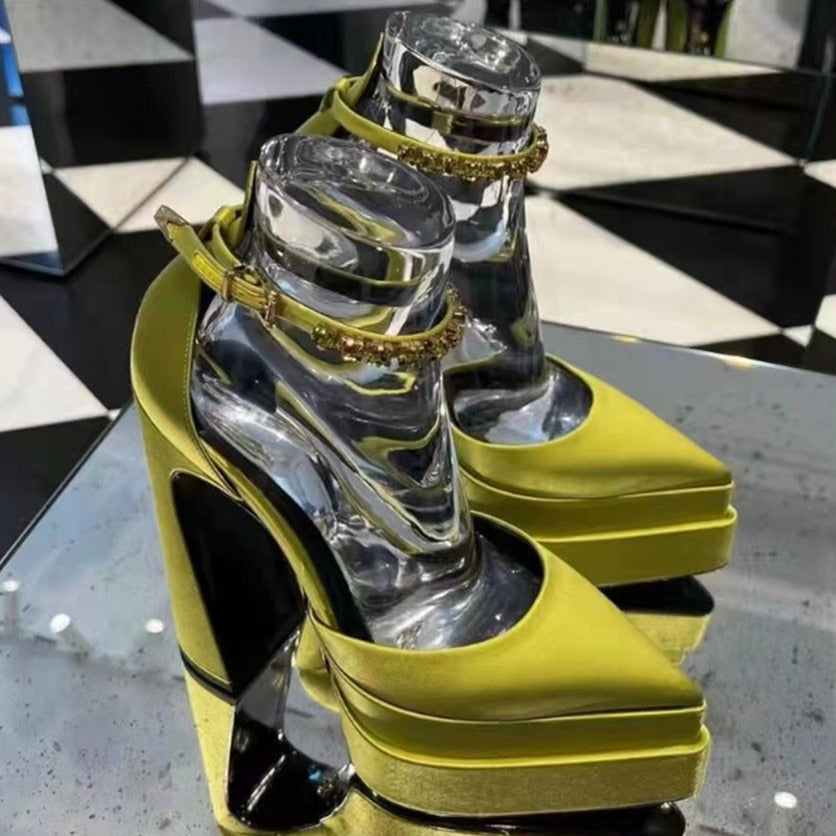 Silk Platform Rhinestone Chunky Heel