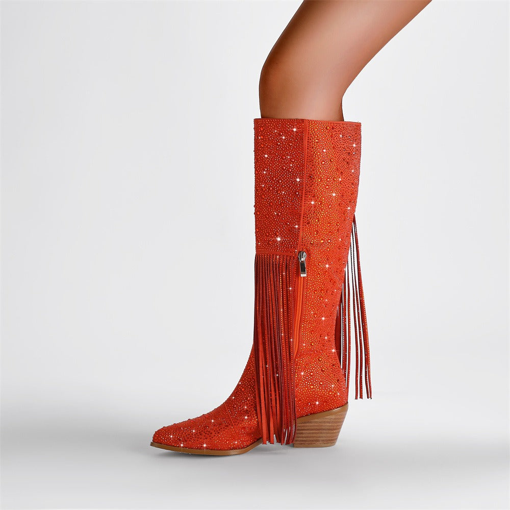 Rhinestone Long Fringe Boots