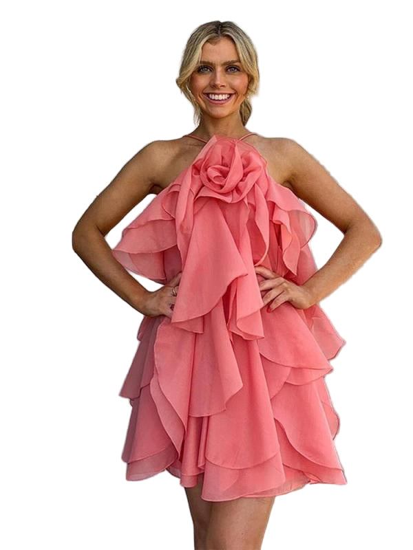 Halterneck 3D Flower Short Dress