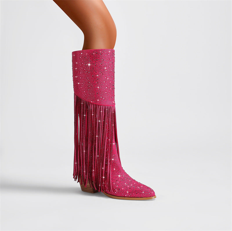 Rhinestone Long Fringe Boots