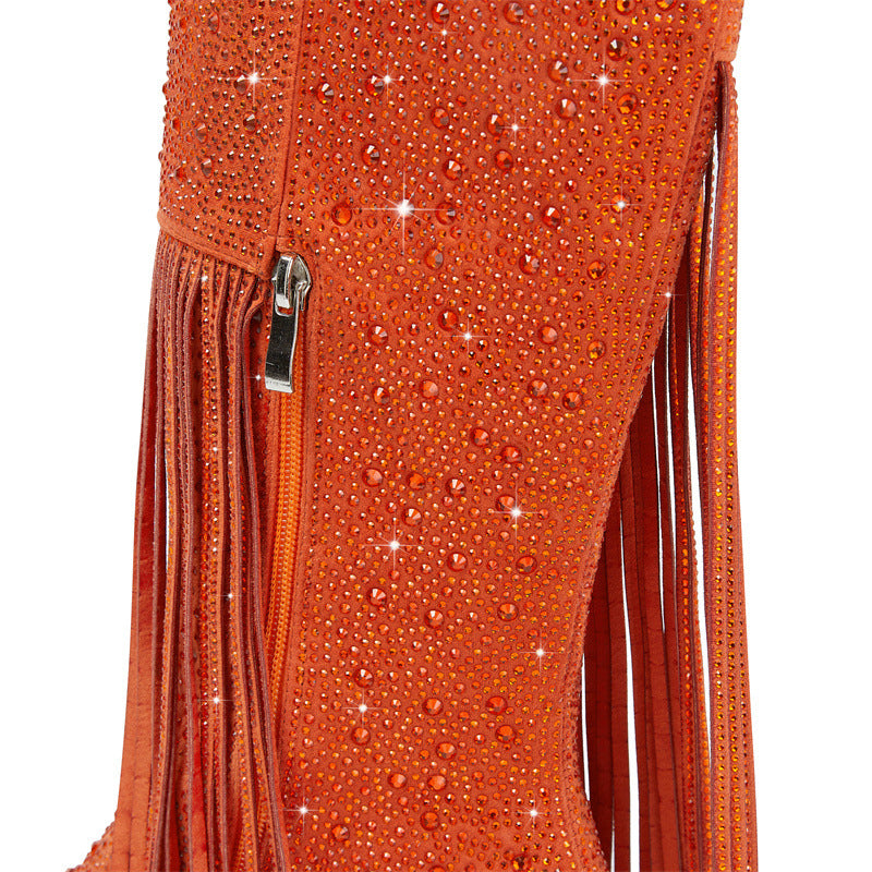 Rhinestone Long Fringe Boots