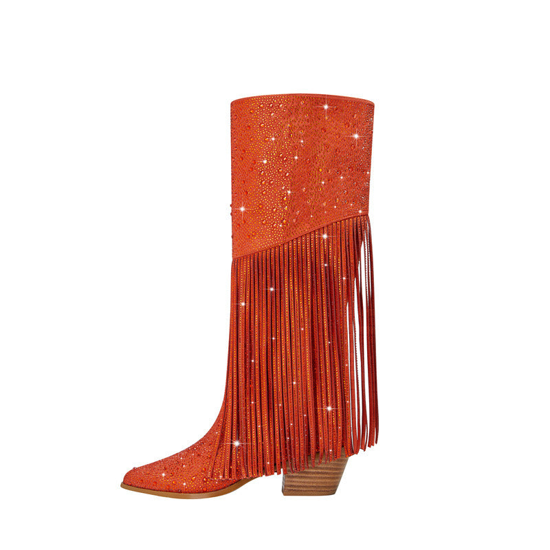 Rhinestone Long Fringe Boots