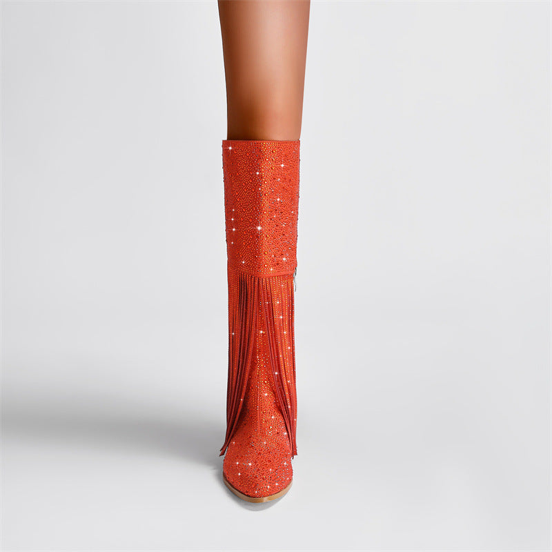 Rhinestone Long Fringe Boots