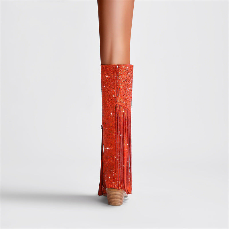 Rhinestone Long Fringe Boots