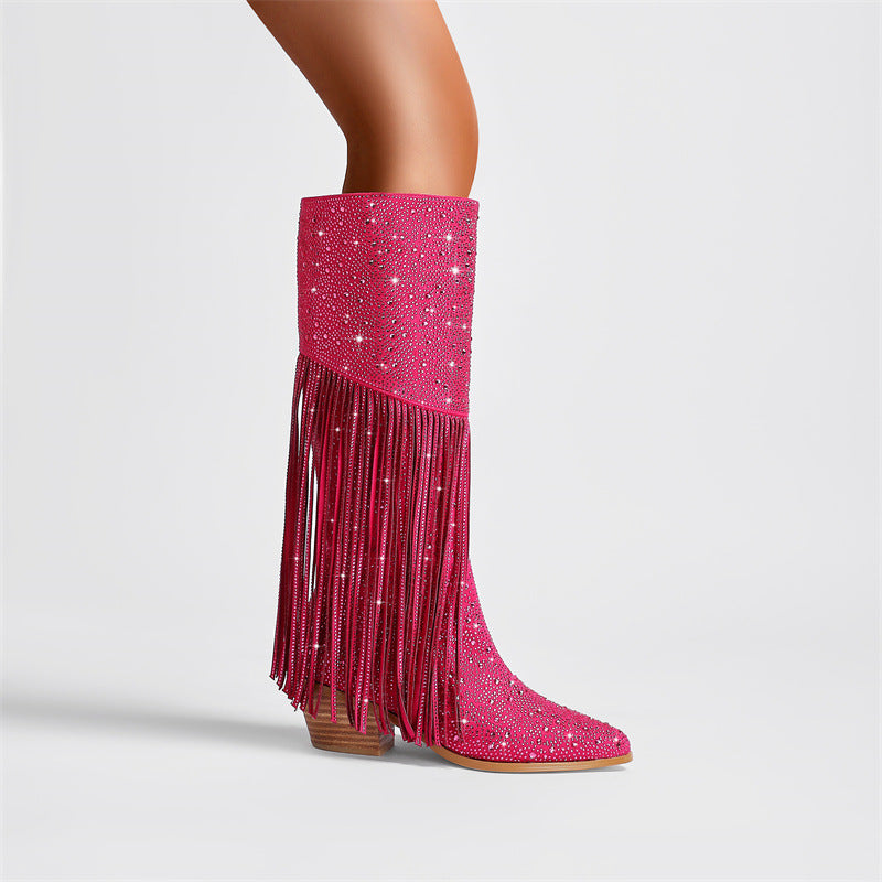Rhinestone Long Fringe Boots