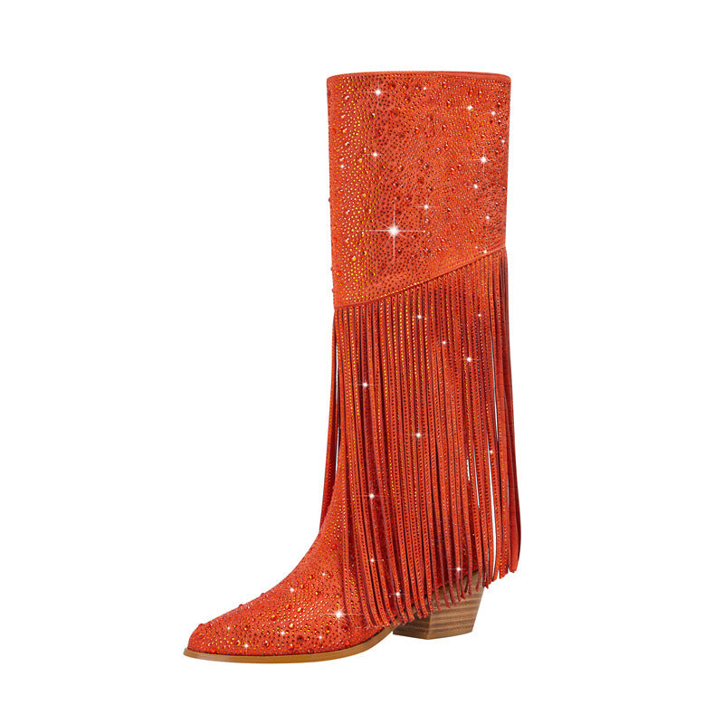 Rhinestone Long Fringe Boots