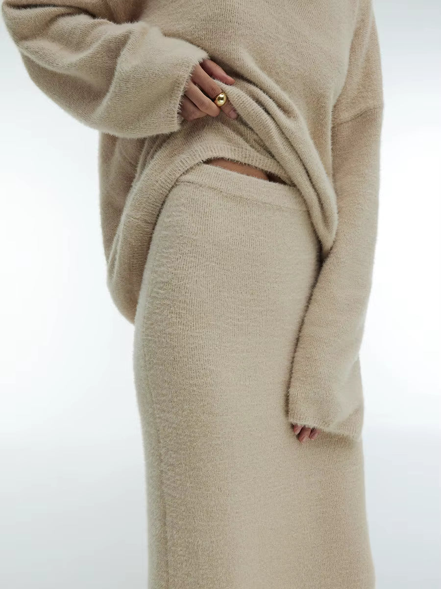 Knitted V-neck Sweater + Skirt Set