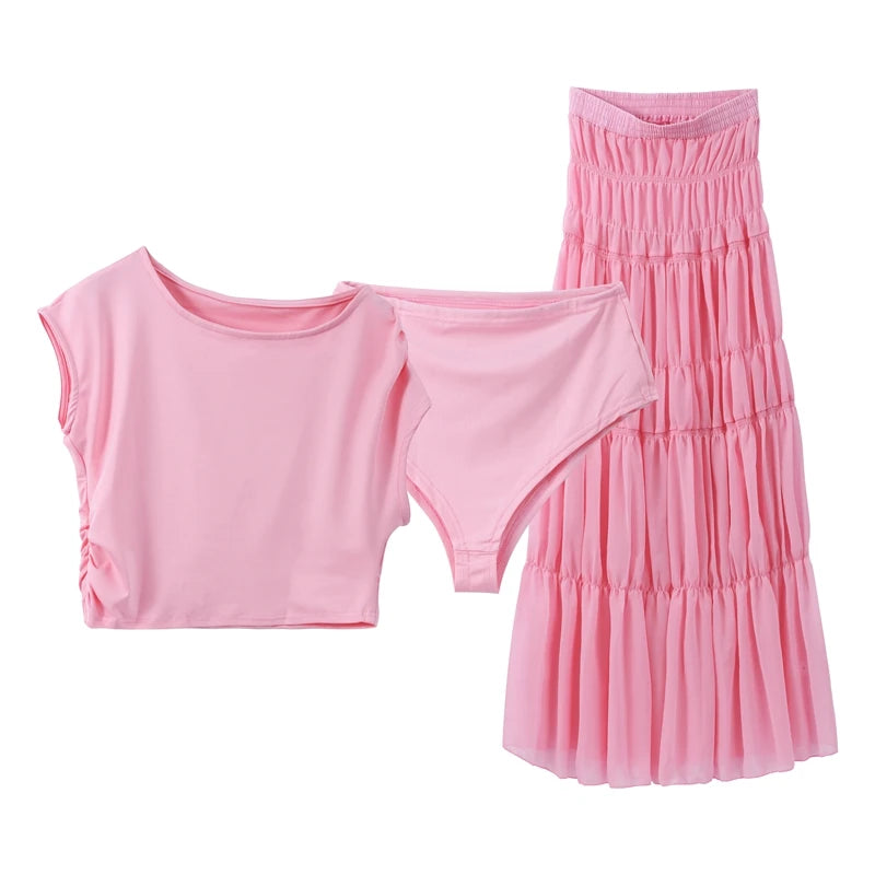 Solid Pleated Crop Top and Skirt