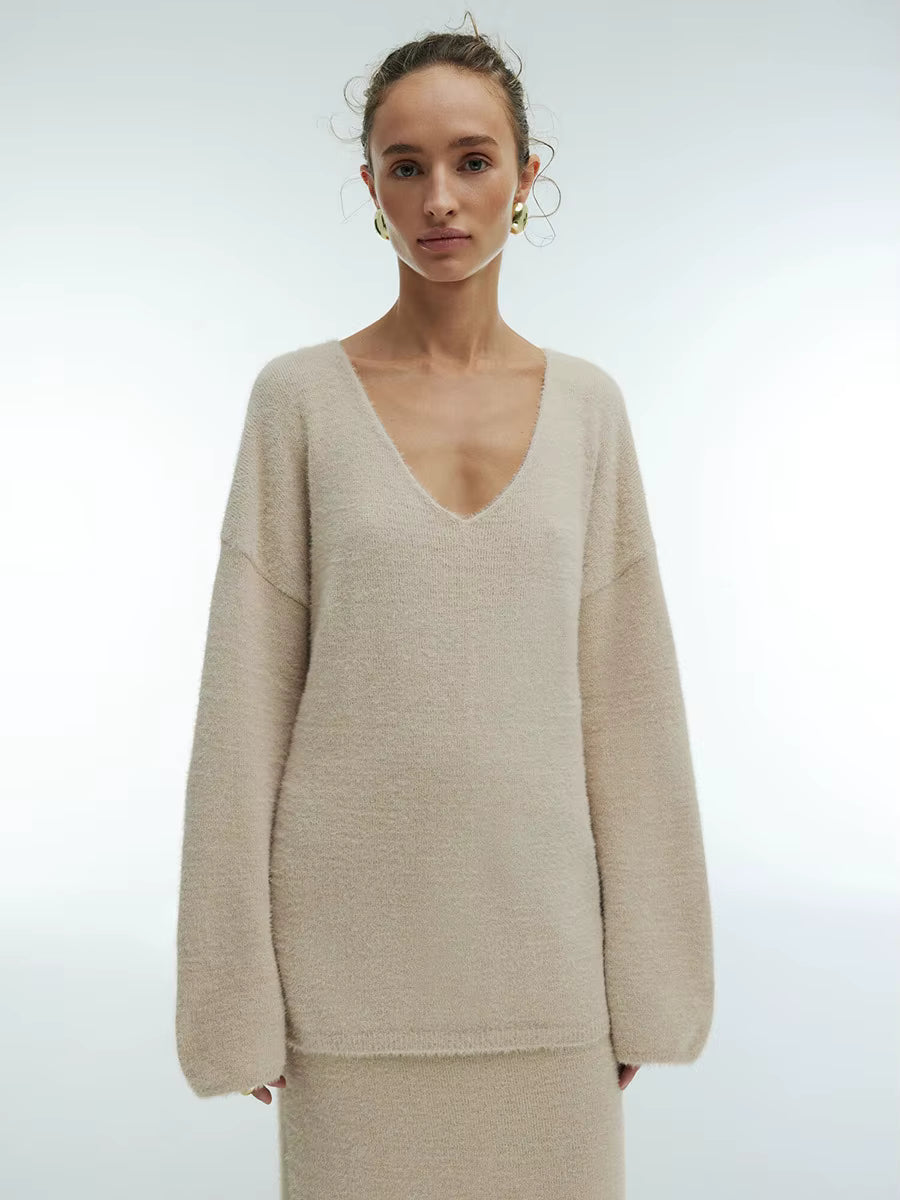 Knitted V-neck Sweater + Skirt Set
