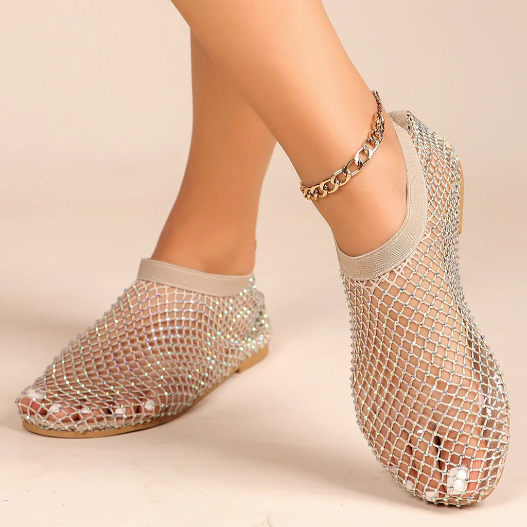 Round Toe Flat Sandals with Crystal Detail