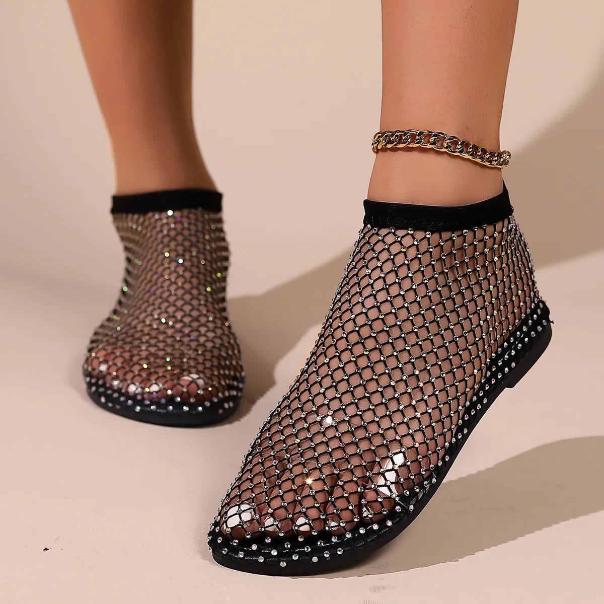 Round Toe Flat Sandals with Crystal Detail